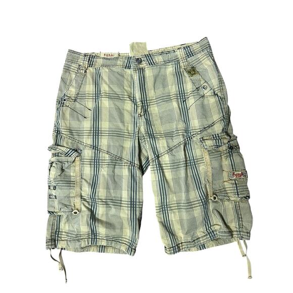 FUSAI Men's Cargo Shorts 34 Khaki Plaid Baggy Grunge Tactical Emo Utility Y2K - Picture 1 of 3